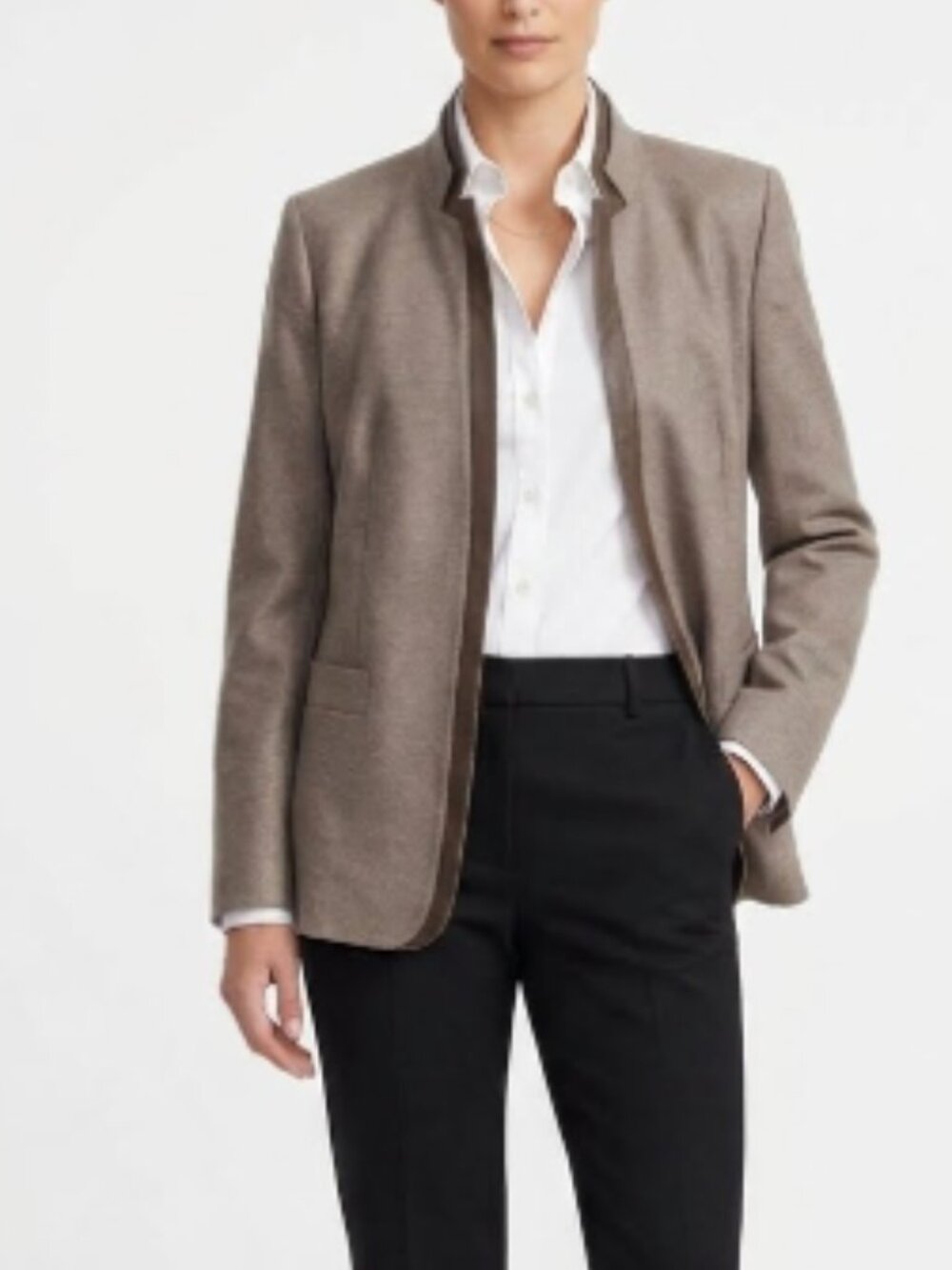 NWT ESCADA Taupe Virgin Wool & Cashmere Faux Leather Trim Blazer Jacket Size 44